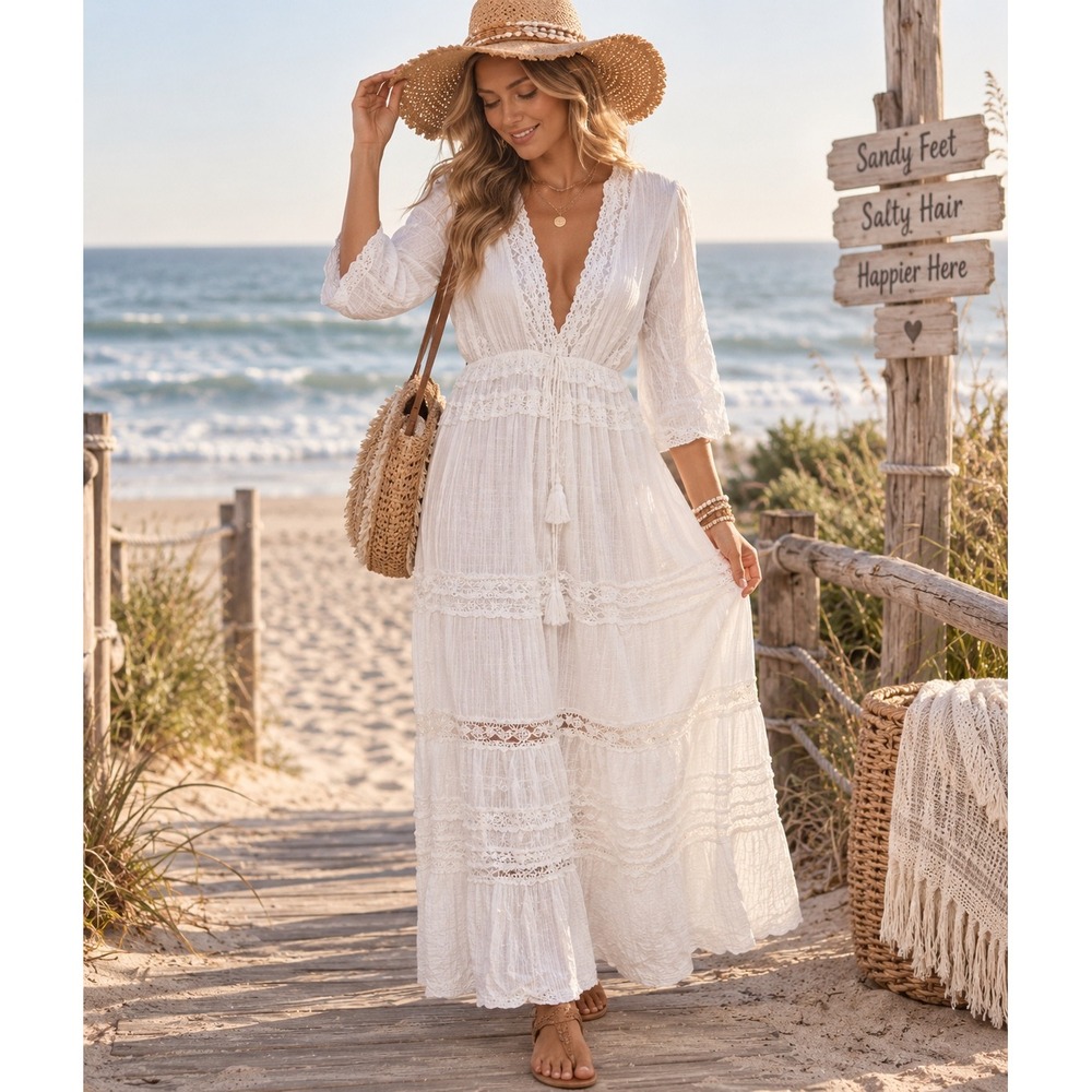 Salty Lemon Boho Cottagecore Maxi Dress White Size Large Deep V Neck Lace
